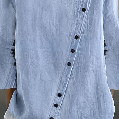TEMU Women's Chic Crew Neck Blouse - Solid Color Shirting Style With Button Details, Fashion Top Image