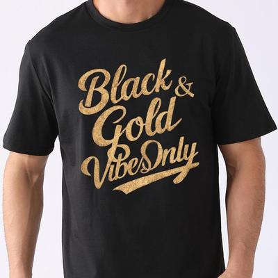 "TEMU Men' Cotton T-shirt With Golden Glitter "black & Golden " Print - Crew Neck Regular Fit, Stretch Knit Fabric For Casual Wear, Tee | Graphic Tee | Nontransparent Material" Image