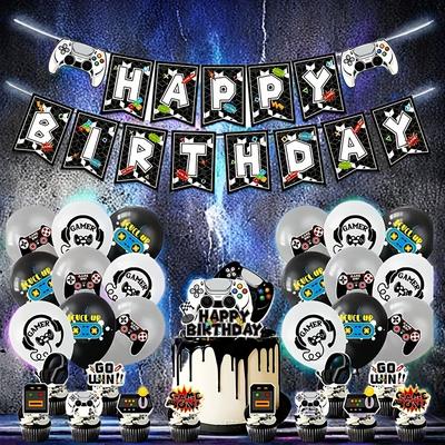 TEMU 46pcs Black And White Game Theme Birthday Flag Banner Set Birthday Party Background Decoration Supplies Image