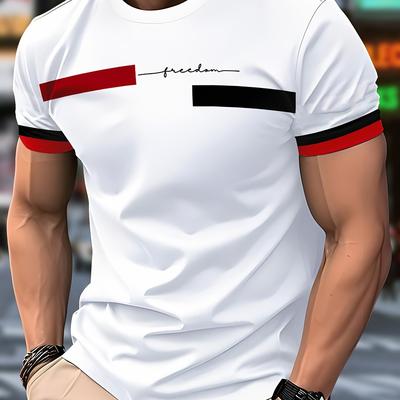 "TEMU Men's Casual Novelty T-shirt - White With Stripes, "" Cursive Print, Round Neck, Short Sleeve, Machine Washable, Regular Fit" Image