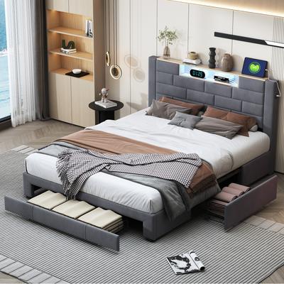 TEMU Double Bed 140x200 Cm, Upholstered Bed With 3 Storage Drawers, Storage Headboard Bed With Slatted Base, Without Mattress, Grey Image
