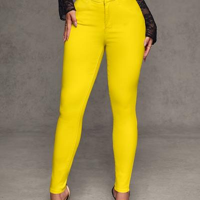 TEMU Women's High-waisted Stretch Denim Skinny Jeans - Vibrant Yellow, Fit With Button Detail, Fall/, Seasonal Fashion Jeans | Vibrant Yellow Jeans | High Waisted Jean Image