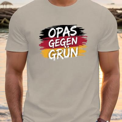 "TEMU Men's Casual Crew Neck T-shirt With "opas Against Green" Print – Lightweight, Breathable Summer Top For Casual Attire, Beige With Black & Yellow Text, Soft Fabric For Comfortable Wear, Tee Shirts" Image