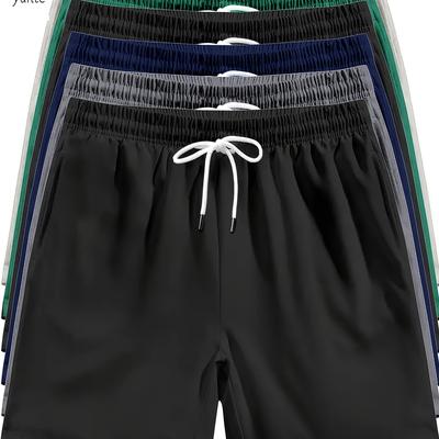 TEMU 6pcs Men's Quick-dry Athletic Shorts - Black, Gray, Navy, Green, Beige With Drawstring Waist & Pockets - Lightweight Running & Training Shorts For Casual Or Sports Wear Image