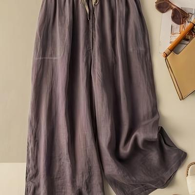 TEMU Women's Casual Linen Wide-leg Pants With Elastic Waistband And Drawstring, Color , Versatile Straight-leg Trousers For Spring/summer/fall Image
