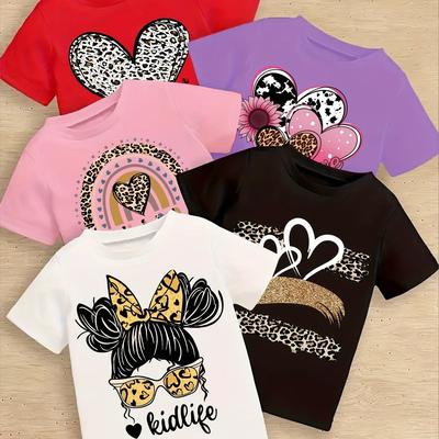 TEMU 5pcs Girls' Cute Cartoon & Leopard Print Soft Polyester Casual T-shirts - Comfy Round Neck, Short Sleeve Tops In Red, Pink, Purple, Black For Summer Image