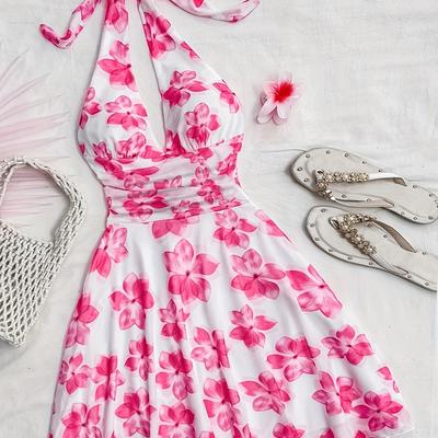 TEMU Ladies Holiday Pink Romantic Tie-dye Floral Print V-neck Backless Tie-waist Ruffle Hem A-line Mini Dress, Suitable For Party, Valentine's Day, Dat Image