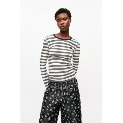 Striped Soft Cotton Rib Long Sleeve T-Shirt - Blue - Ganni Tops