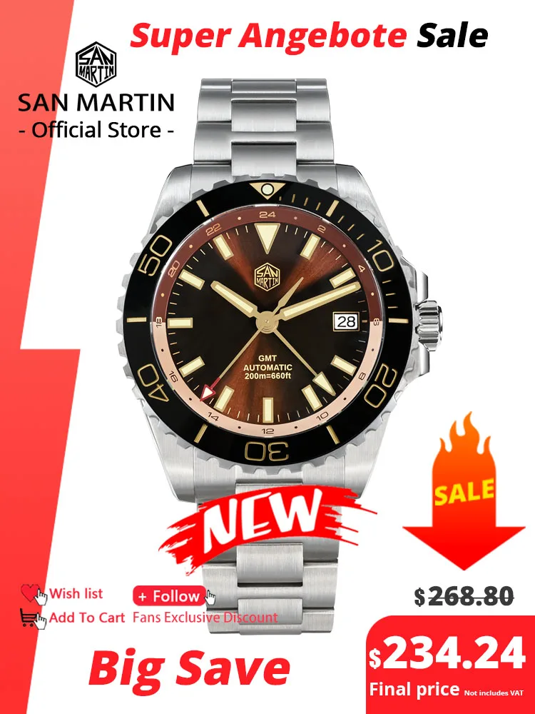 San Martin New 39mm Luxury Diver Herren GMT NH34 Sunburst Emaille Zifferblatt Edelstahl Automatik Saphir C3 Grün leuchtend SN0136