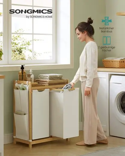 SONGMICS Wäschekorb Wäschekorb, Wäschekorb 2/3 Fächer, Bambus, Wäschesammler 100/150 L, mit Ablage