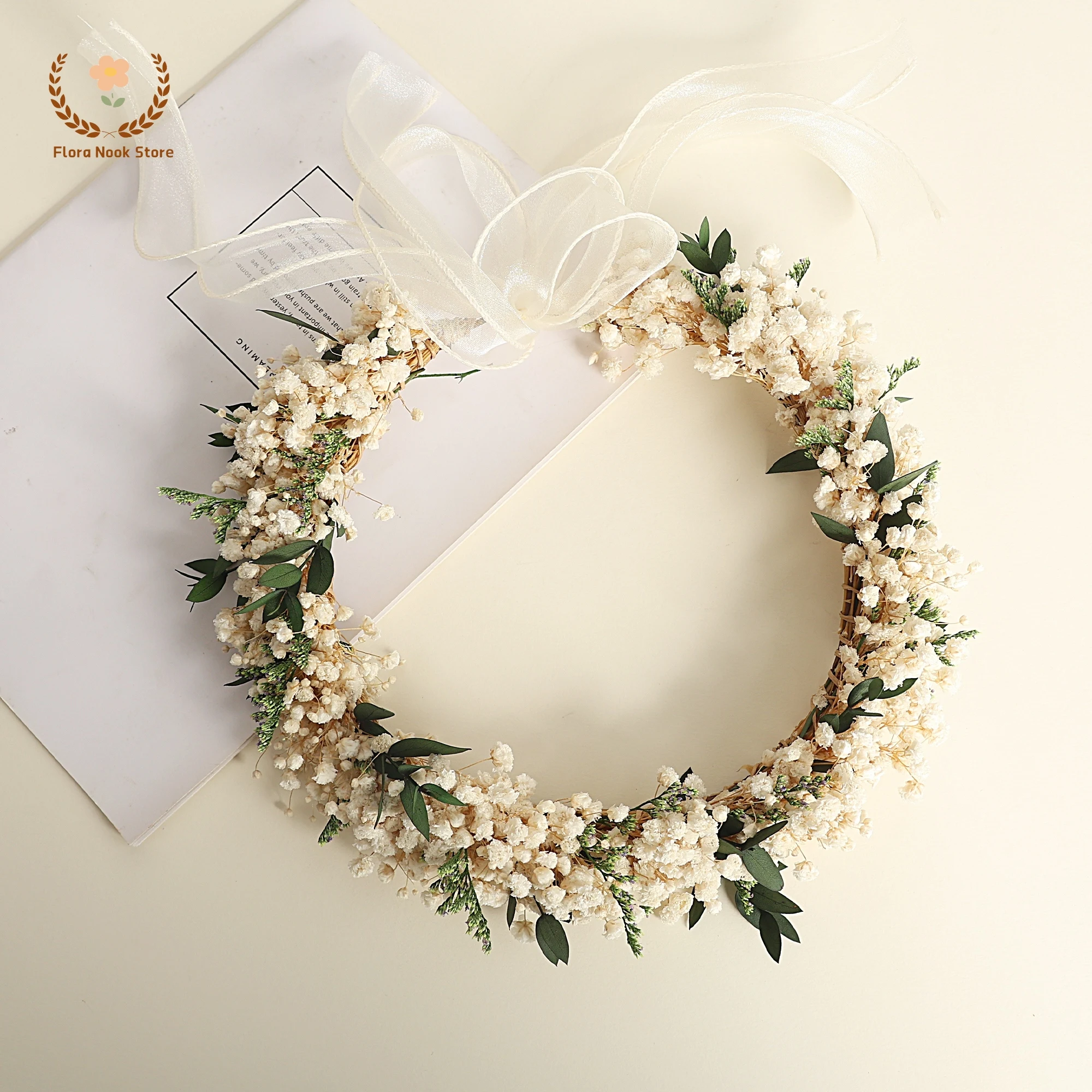 Handgemachte Baby Breath Crown Getrocknete Blumen Eukalyptusblätter Kranz Gypsophila Braut Stirnband Mädchen Hochzeit Haar Shavuot Dekoration Image
