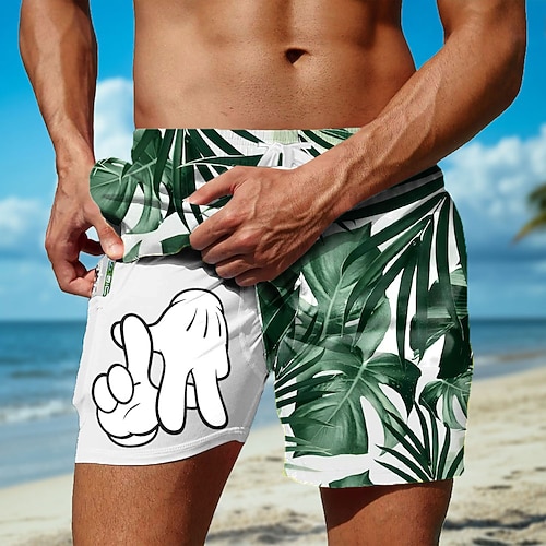 Herren Palmblatt Cartoon-Handabdruck Gefütterte Shorts 2 in 1 Badeshorts Badeshorts Mittlere Taille Hawaiianisch Ferien Strandbekleidung Seitentaschen Mit Kompressionsfutter Elastischer Kordelzug in Image
