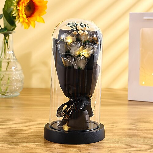 der ewige Rosenstrauß als Geschenk für Mama, konservierte Seifenblumen in einer Glaskuppel mit Licht, Muttertags-Geburtstagsdekoration für Frauen Image