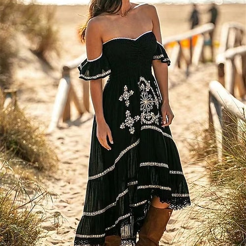 Damen Langes Kleid Maxikleid Boho-Kleid Freizeitkleid Sommerkleid Mode Outdoor Urlaub Party Normale Passform Geometrisch Ärmellos Trägerlos Schwarz Sommer Frühling Image