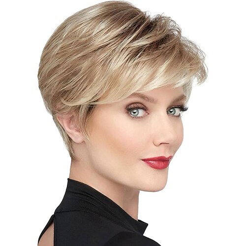 Kurze blonde Pixie-Cut-Perücken für Frauen, flauschige Schicht, Lowlight mit dehnbarem Ansatz, synthetische Pixie-Perücke mit Pony für Frauen, Ersatzperücke für den täglichen Gebrauch Image