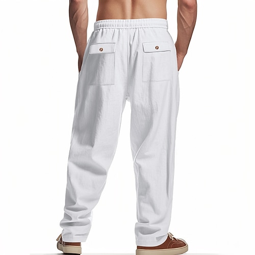 Herren Leinenhosen Hose Sommerhose Baggy-Hosen Tasche Elastischer Bund Gerader Schnitt Einfach Komfort Atmungsaktiv Volle Länge Lässig Täglich Ferien Mode Klassicher Stil Schwarz Weiß Image