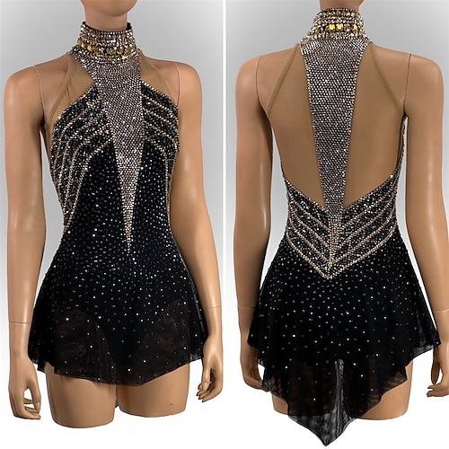 Eiskunstlaufkleid Damen Mädchen Eislaufen Kleid Schwarz Patchwork Asymmetrischer Saum Netzstoff Hohe Elastizität Training Wettbewerb Eiskunstlaufkleidung Klassisch Kristall / Strass Ärmellos Image