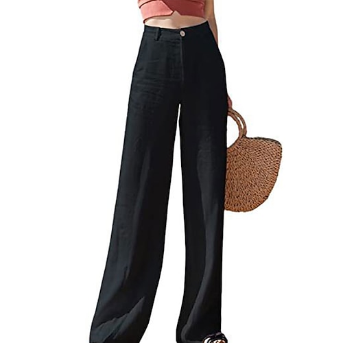 Women's Baumwoll-Leinen Hose Hosen Strand Hosen Urlaub Basic Voll Länge Hohe Taille Einfarbig Tasche Gerade Bein Komfort Outdoor Mikro-elastisch Täglich Strand Urlaub Tiefgrün Schwarz Weiß Frühling Image