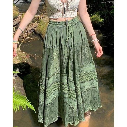 Damen Rock Bohemien Boho Midi Mittlere Hüfthöhe Röcke Blumen Druck Mikroelastisch Straße Ausgehen Grün Sommer Polyester