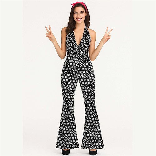 Retro Vintage 1970er Overall Hippie Halter Blumen Kostüm Damen Halloween Karneval Maskerade Party Alltagskleidung Erwachsene Jumpsuit Sommer Image