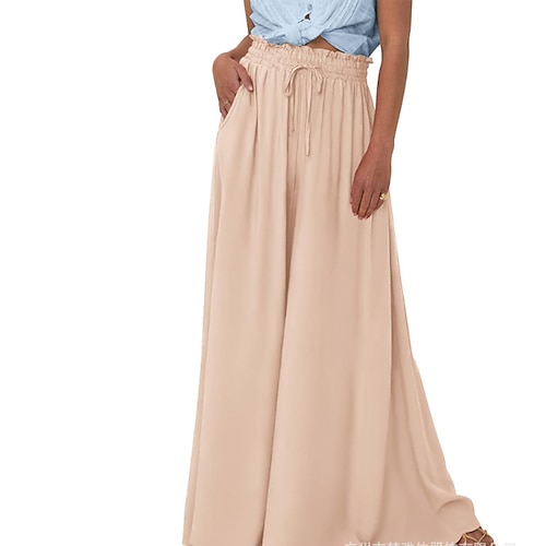 Damen Weite Hosenbeine Stoffhosen Hosen Hose Streetwear Lässig Volle Länge Natürliche Taille Einfach Tasche Elastischer Bund Bequem Außenbereich Urlaub Straße Aprikose Hellhimmelblau Schwarz Armeegrün Image