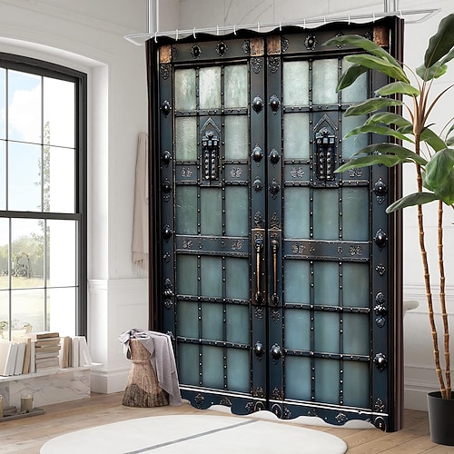 Duschvorhang mit 12 Haken 200cm hoch duschvorhang waschbar Polyester maschinenwaschbar wasserdicht Vintage gefälschter Tür-Stallmuster Image