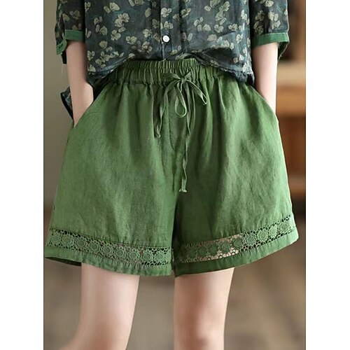 Damen Shorts Sommershorts Strandshorts Urlaub Vintage Mode Kurz Hohe Taille Einfach Kordelzug Tasche Elastischer Bund Komfort Leicht Weich Mikroelastisch Täglich Straße Ferien Schwarz Weiß Orange Grün Image