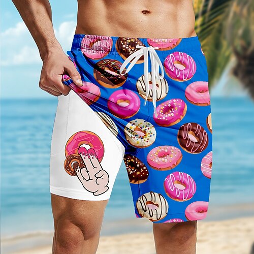 Herren Lustig Donuts Gefütterte Shorts 2 in 1 Badeshorts Badeshorts Mittlere Taille Hawaiianisch Urlaub Ferien Strandbekleidung Seitentaschen Mit Kompressionsfutter Elastischer Kordelzug in der Taille Image