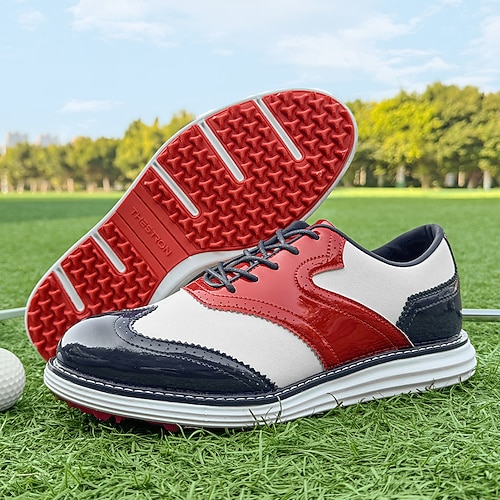 Rote und marineblaue Golfschuhe für Herren – leistungsstarke Schnürsneaker mit Lederdetails für Golf, Sport und Freizeit Image