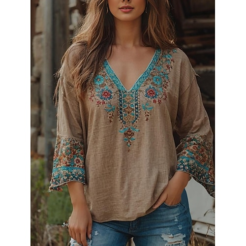 Damen Bluse Blumen Grafik Paisley-Muster Bohemien Vintage Tropisch Dreiviertelarm V Ausschnitt Normale Oberteile Gerafft Druck Khaki Sommer Frühling