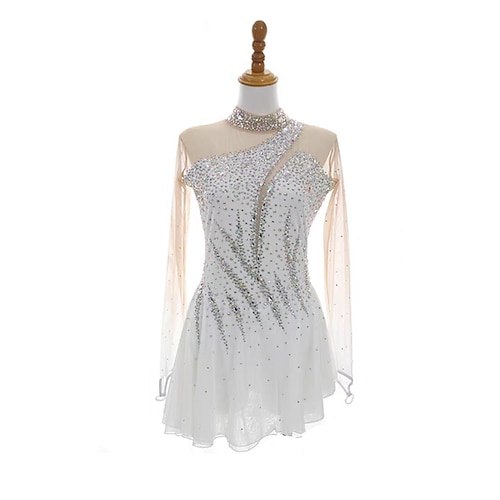 Eiskunstlaufkleid Damen Mädchen Eislaufen Kleid Weiß Patchwork Daumenloch Netzstoff Spandex Dehnbar Training Übung Professionell Eiskunstlaufkleidung Thermowarm Kristall / Strass Langarm Eislaufen Image