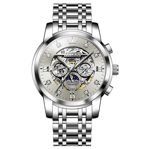 OLEVS Männer mechanische Uhr Luxus große Zifferblatt hohles Skelett automatische Self-Winding Mondphasen leuchtende Stahl-Armbanduhr