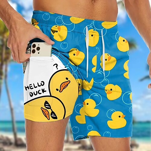 Herren Mit Buchstaben bedruckt Lustig Ente Gefütterte Shorts 2 in 1 Badeshorts Badeshorts Mittlere Taille Hawaiianisch Urlaub Ferien Strandbekleidung Seitentaschen Mit Kompressionsfutter Elastischer Image