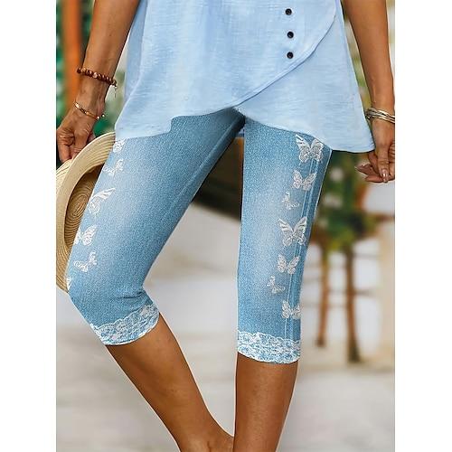 Damen Leggings Capri Hosen 3D Druck Hohe Elastizität Urlaub Vintage Mode Knöchellang Hohe Taille Schmetterling Abstrakt Drucken Atmungsaktiv Weich Dehnbar Formal Outdoor Urlaub Eierblau