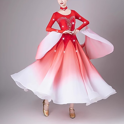 elegantes Gesellschaftstanzkleid Damen Performance Walzer Tanzkleid Langarm Strass moderne Tanzbekleidung Kostüme Image