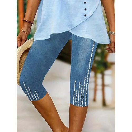 Frauen Leggings Capri Hosen Hochstretchfähigkeit Urlaub Mode Hawaiianisch Knöchellang Mittlere Taille Grafische Druck Atmungsaktiv Weich Dehnbar Urlaub Lässig Täglich Eierblau Blau Sommer Frühling Image