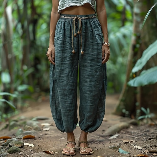 Damen Kunstbaumwollleinen Slim Fit Böhmische Retro Vintage Lässig Volle Länge Hohe Taille Einfach Elastischer Bund Bequem Außenbereich Lässig Täglich Outdoor Grün Sommer Normale Passform Image