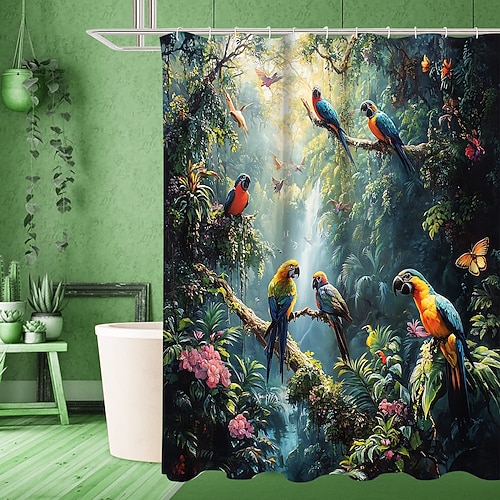 Duschvorhang mit 12 Haken 200 cm hoch duschvorhang waschbar Polyester maschinenwaschbar wasserdicht tropisches Blatt Tier Blattmuster Image