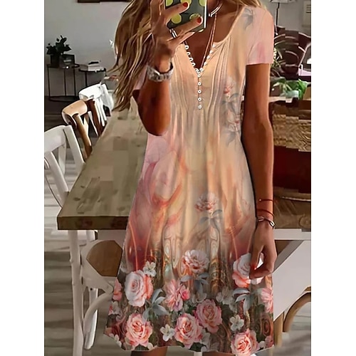 Damen Minikleid A Linie Kleid Sommerkleid Lässig Täglich Normale Passform Grafik Kurzarm Einkerbiger Ausschnitt Schwarz Weiß Rosa Grün Sommer Image