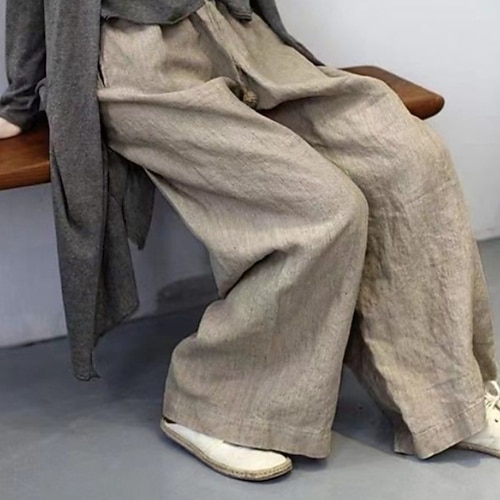 Damen Kunstbaumwollleinen Stoffhosen Lässig Volle Länge Natürliche Taille Einfach Tasche Elastischer Bund Bequem Außenbereich Straße Ausgehen Grau Schwarz Khaki Kaffee Sommer Normale Passform Image