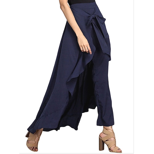 Damen Stoffhosen Hosen Hose Mode Streetwear Volle Länge Natürliche Taille Einfach Rüsche Bequem Außenbereich Straße Wochenende Magenta Grau Schwarz Dunkelmarine Sommer Normale Passform Image