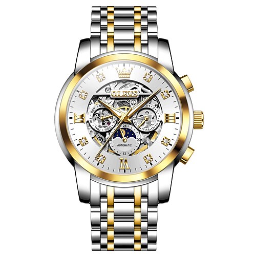 OLEVS Herren Mechanische Uhr Luxus großes Ziffernblatt Hohles Skelett Automatisch Selbstaufziehend Mondphase Leuchtende Stahl Armbanduhr