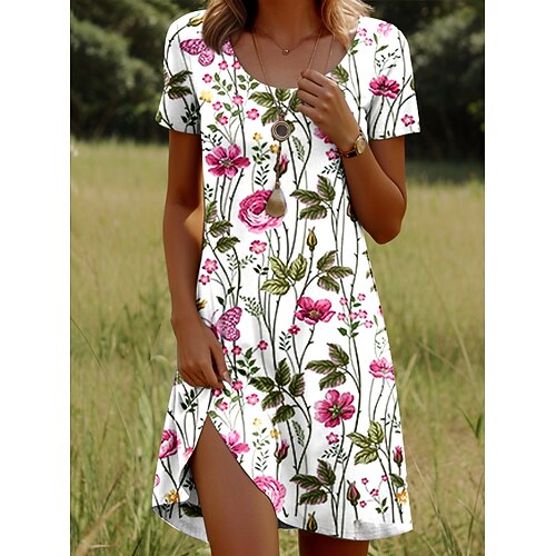 Damen Minikleid Freizeitkleid T-Shirt-Kleid Sommerkleid A Linie Kleid Stilvoll Lässig Ferien Strand Normale Passform Ombre Blumen Grafik Kurzarm Rundhalsausschnitt Rundausschnitt Eisblau Weiß Rosa Image