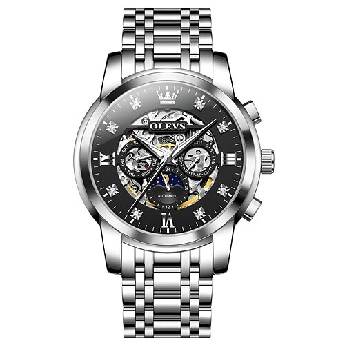 OLEVS Herren Mechanische Uhr Luxus großes Ziffernblatt Hohles Skelett Automatisch Selbstaufziehend Mondphase Leuchtende Stahl Armbanduhr