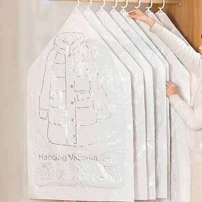 5er-Pack hängende Vakuum-Aufbewahrungsbeutel mit Pumpe für Kleidung, platzsparende Kompressionsbeutel mit Haken, staubdichter seitlicher Reißverschluss für Mäntel, Jacken, Bettdecken, hängender Schrank-Organizer Image