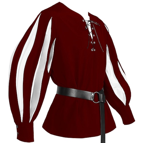 Mittelalterlich Renaissance 17. Jahrhundert Hemd Tunika Ritter Wikinger Kreuzritter Landsknechte Gerüscht Farbblock Kostüm Herren Keltisch Vikinger Seeräuber Halloween Karneval Leistung LARP Image