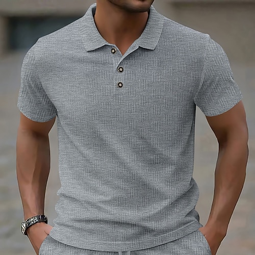 Herren Polo Textur Lässig Ferien Klassisch Kurzarm Mode Modern Jacquard Knöpfe Sommer Frühling Normale Passform Schwarz Weiß Beige Hellblau Grau Polo Image
