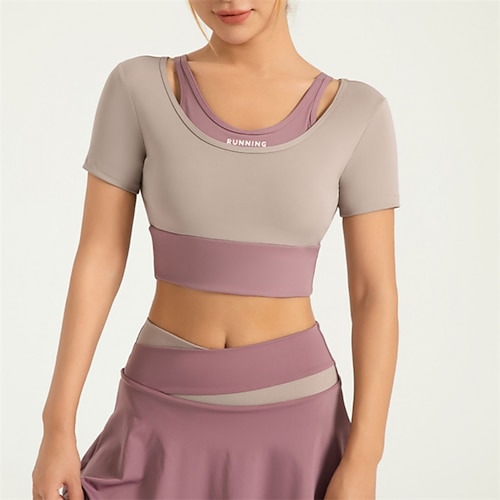 Damen Yoga Top Rundausschnitt Atmungsaktiv Patchwork Kurzarm Sport Einfarbig T-Shirt Oberteil Für Laufen Fitness Yoga Lässiger Schnitt Sportkleidung Image