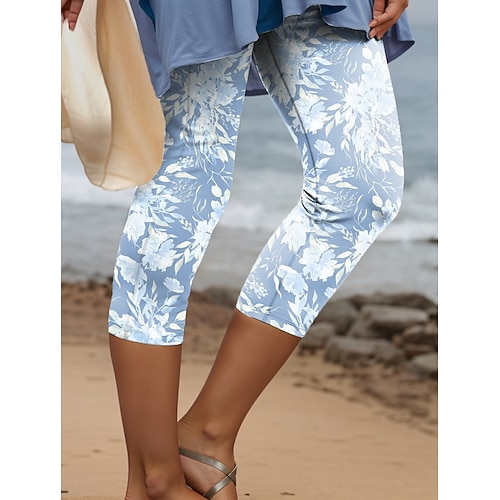 Damen Leggings Capri Hosen mit hoher Elastizität Mode Streetwear lang hohe Taille floraler Druck thermisch warm atmungsaktiv weich Outdoor täglich Rosa Blau Lila Grün Herbst Winter reguläre Passform Image