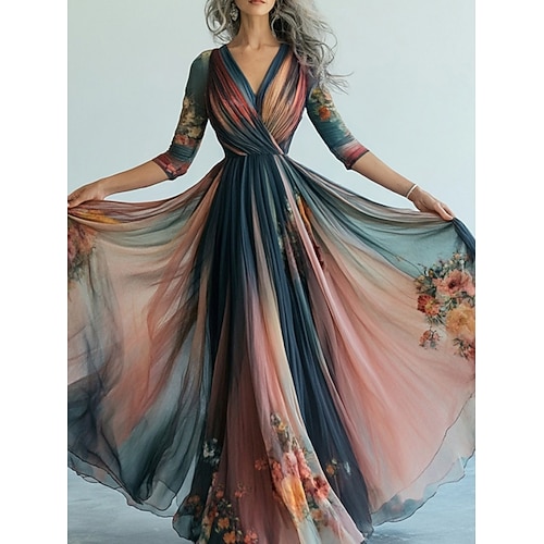 Langes Damenkleid, Maxikleid, Freizeitkleid, Swing-Kleid, Blumenkleid, Sommerkleid, Boho-Kleid, Vintage, Urlaub, Alltag, Urlaub, normale Passform, Blumenmuster, langärmlig, V-Ausschnitt, blau, Sommer Image